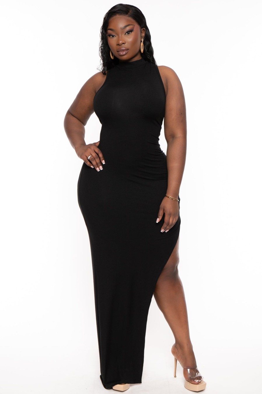 Little Black Styles Curvy Sense | Plus Size Melania Mock Neck Maxi Dress Black