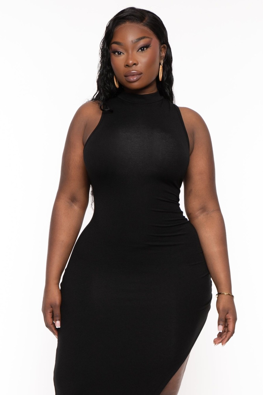 Little Black Styles Curvy Sense | Plus Size Melania Mock Neck Maxi Dress Black