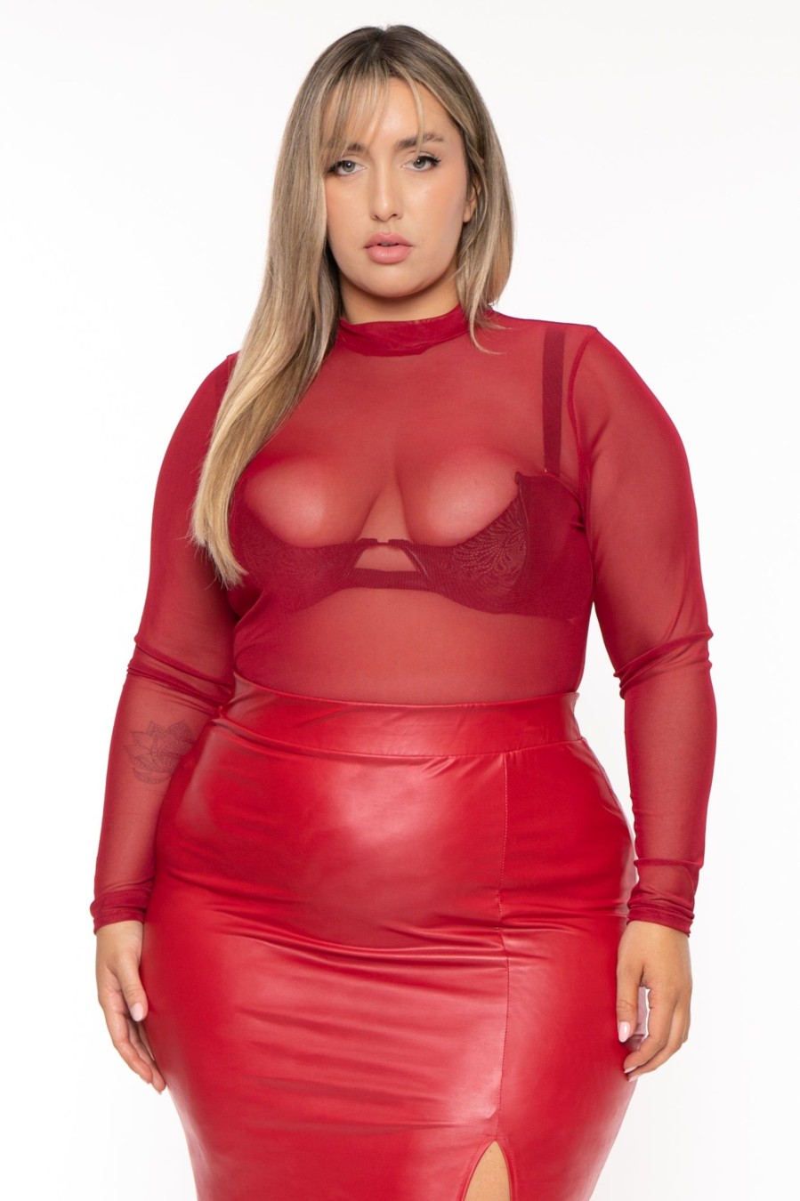 Tops Curvy Sense | Plus Size Galene Mesh Bodysuit Red