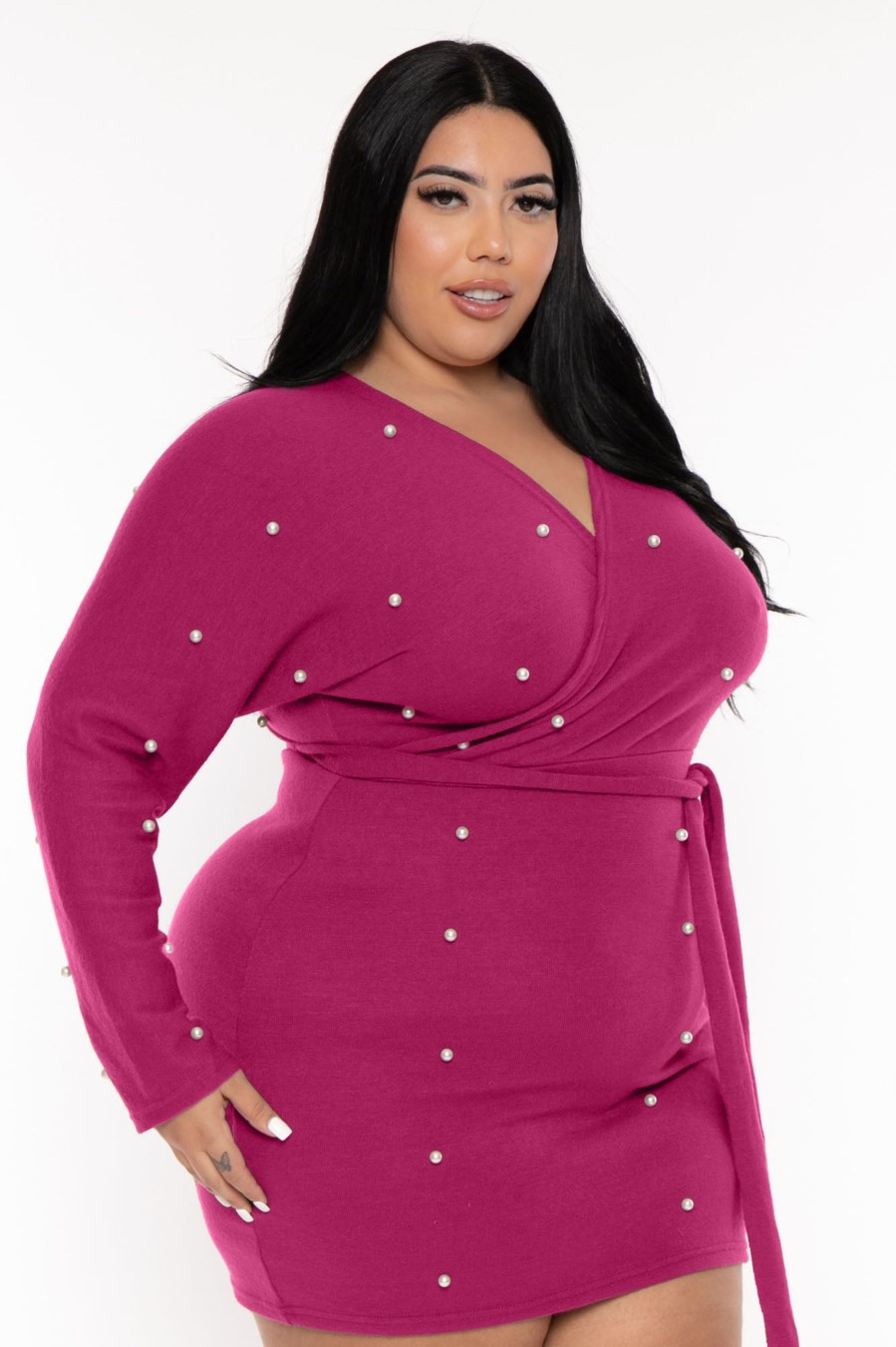 Dresses Cleo Apparel | Plus Size Perla Sweater Dress Magenta