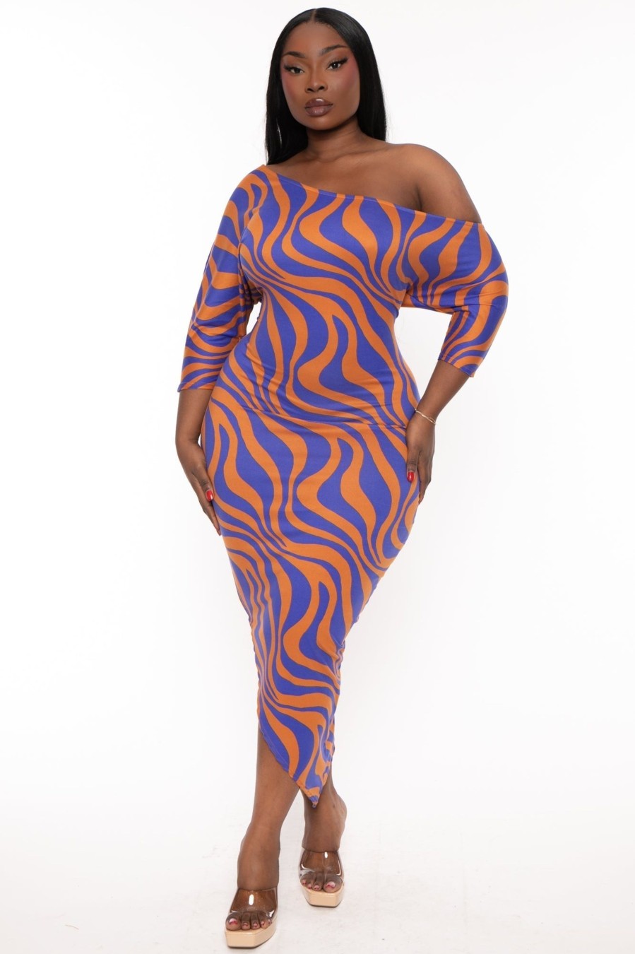 Dresses Curvy Sense | Plus Size Asymmetric Printed Dress Blue