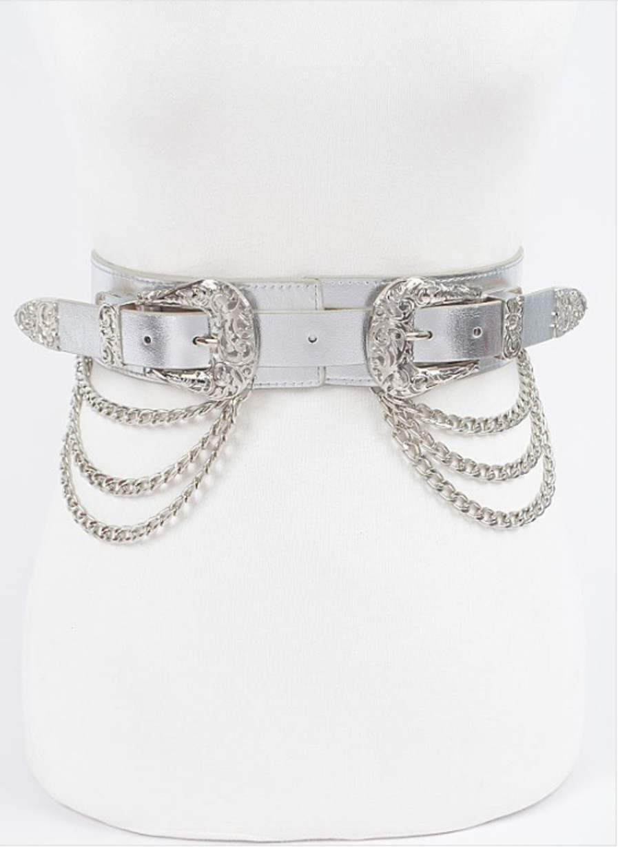 Accessories Hu0026D | Plus Size Two Buckle Chain Waist Belt Silver