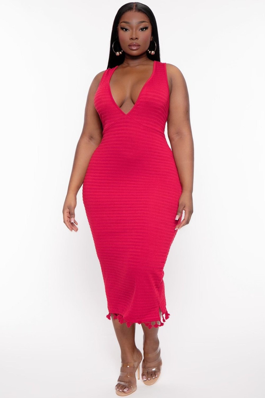 Dresses Curvy Sense | Plus Size Jane Ribbed Midi Dress Red