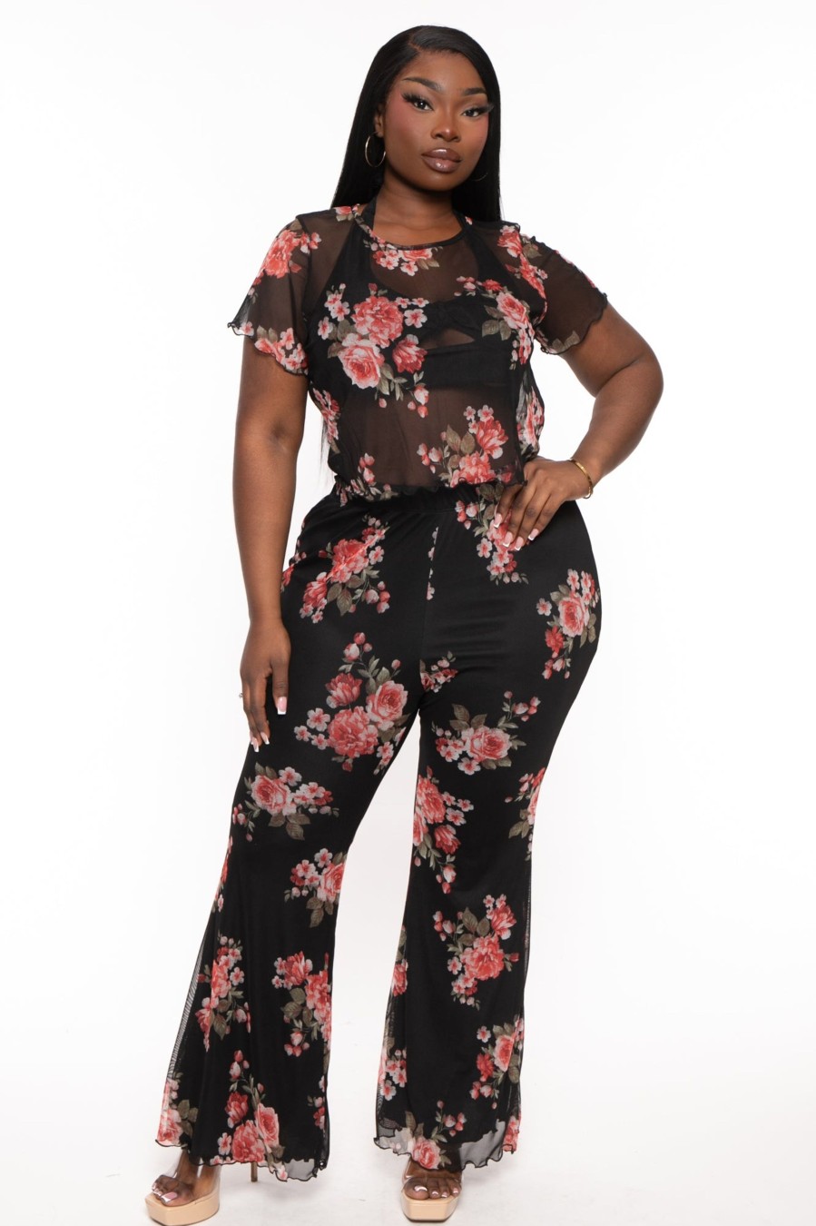 Matching Sets Curvy Sense | Plus Size Kelly Mesh Top And Pant Set Black