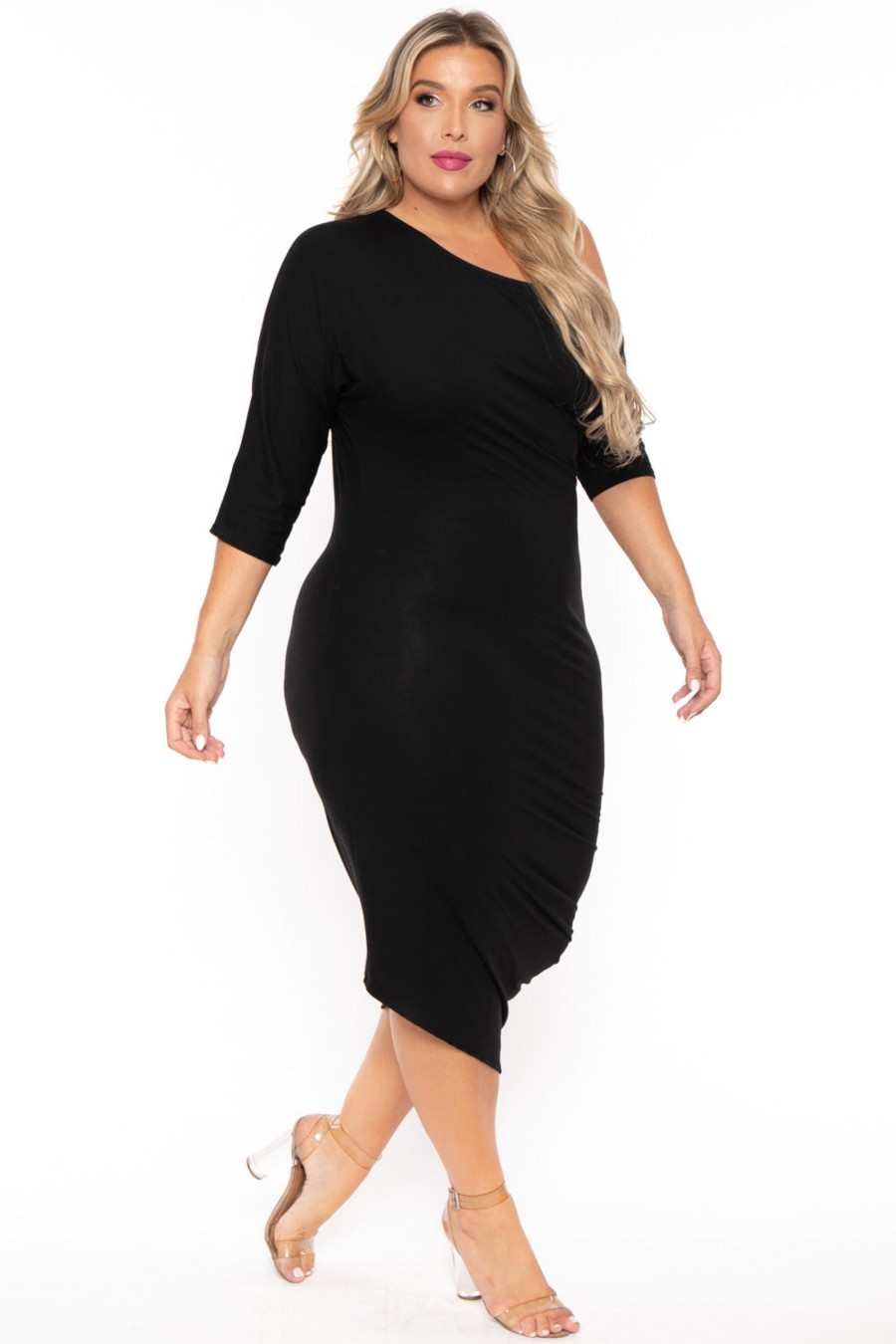 Dresses Curvy Sense | Plus Size Asymmetric Knit Dress Black