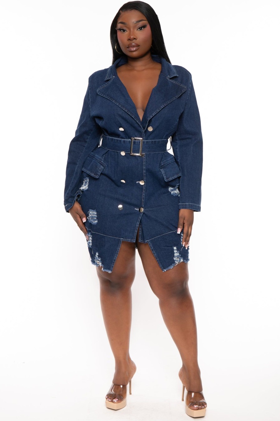 Dresses Goodtime USA | Plus Size Distress Denim Mini Dress Blue