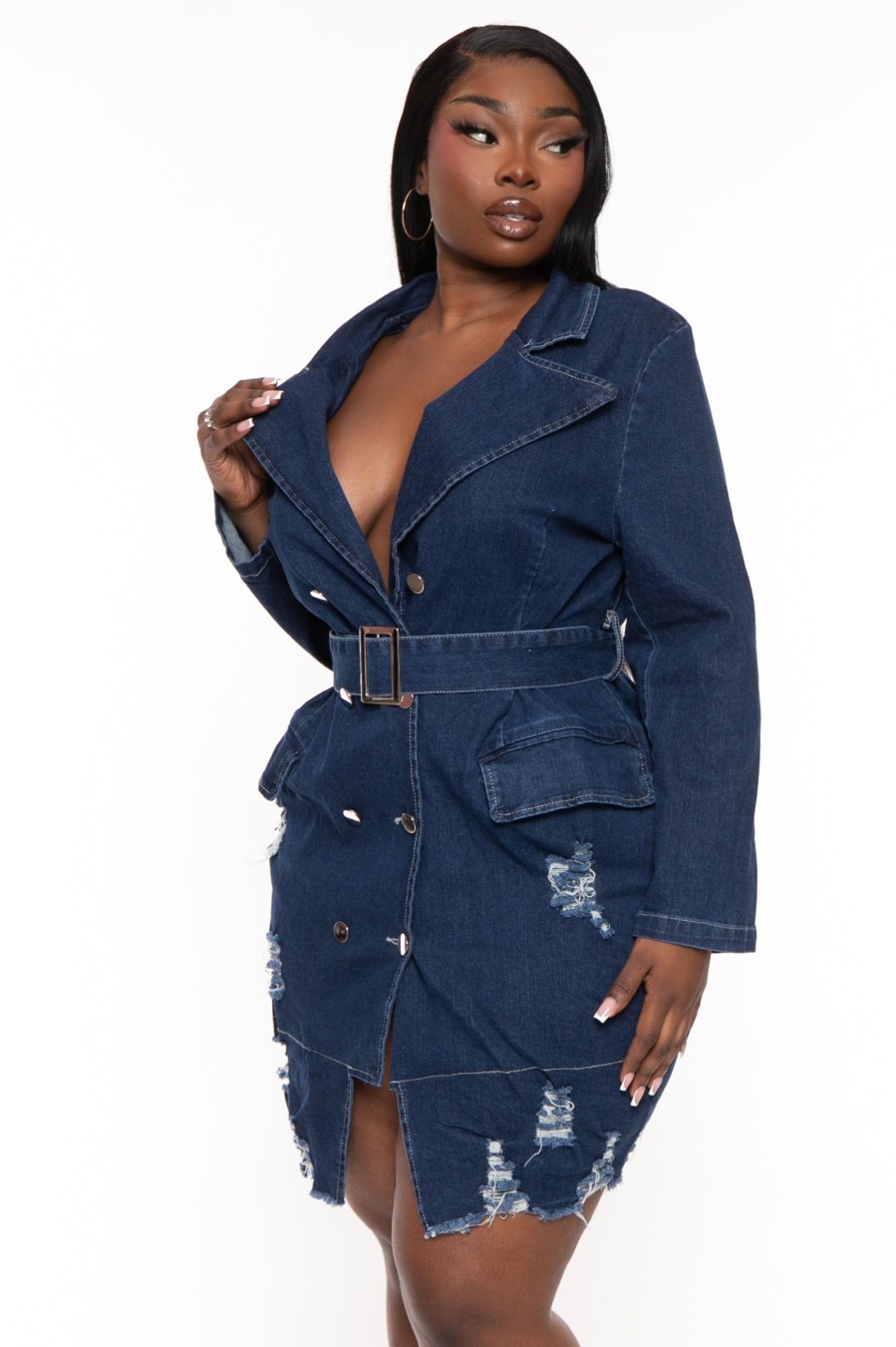 Dresses Goodtime USA | Plus Size Distress Denim Mini Dress Blue