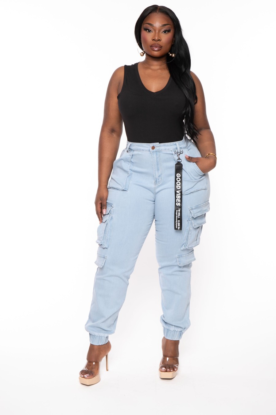 Jeans & Denim American Bazi | Plus Size High Rise Utility Pockets Denim Jogger Light Blue