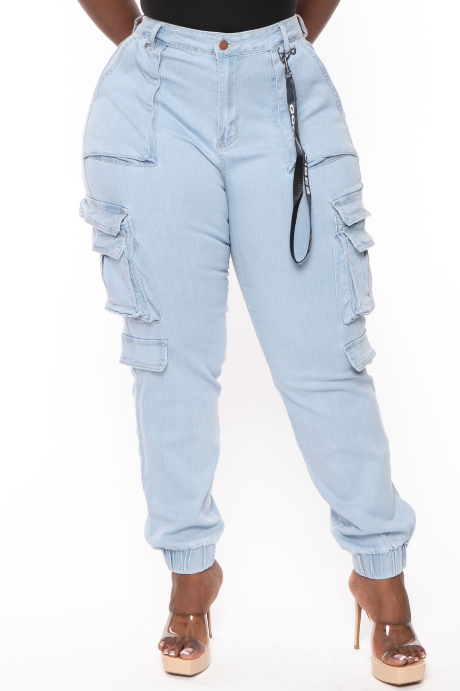 Jeans & Denim American Bazi | Plus Size High Rise Utility Pockets Denim Jogger Light Blue