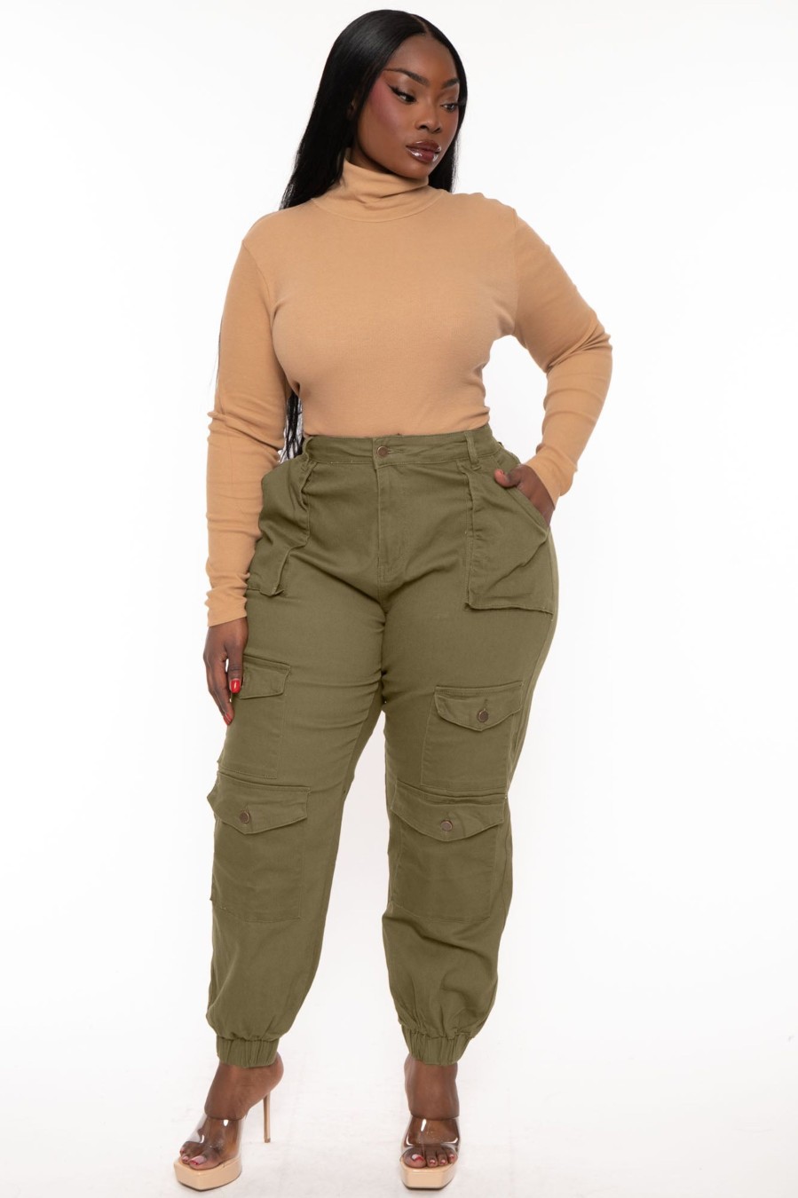 Jeans & Denim American Bazi | Plus Size High Rise Multi Pocket Jogger Olive