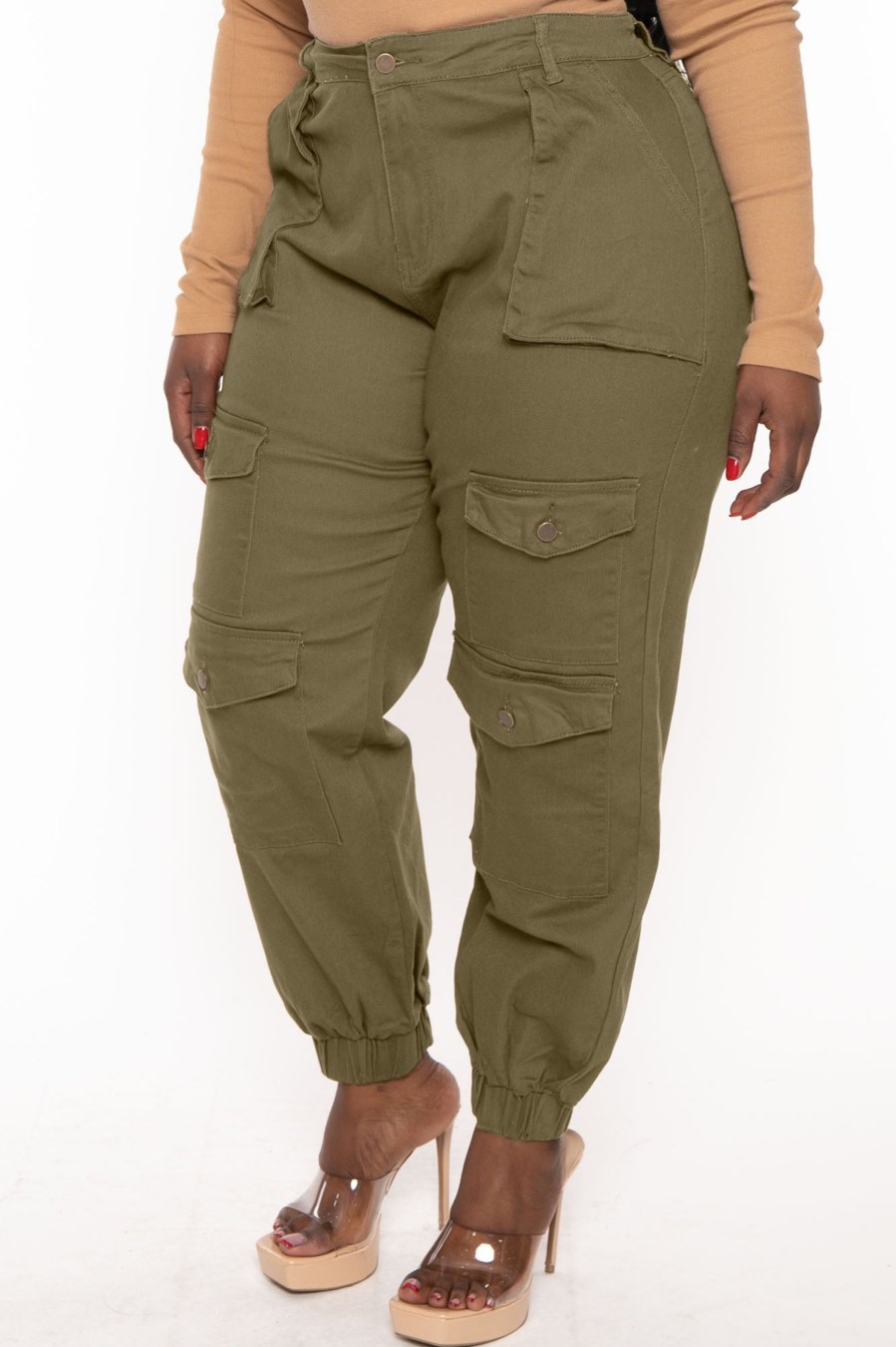 Jeans & Denim American Bazi | Plus Size High Rise Multi Pocket Jogger Olive