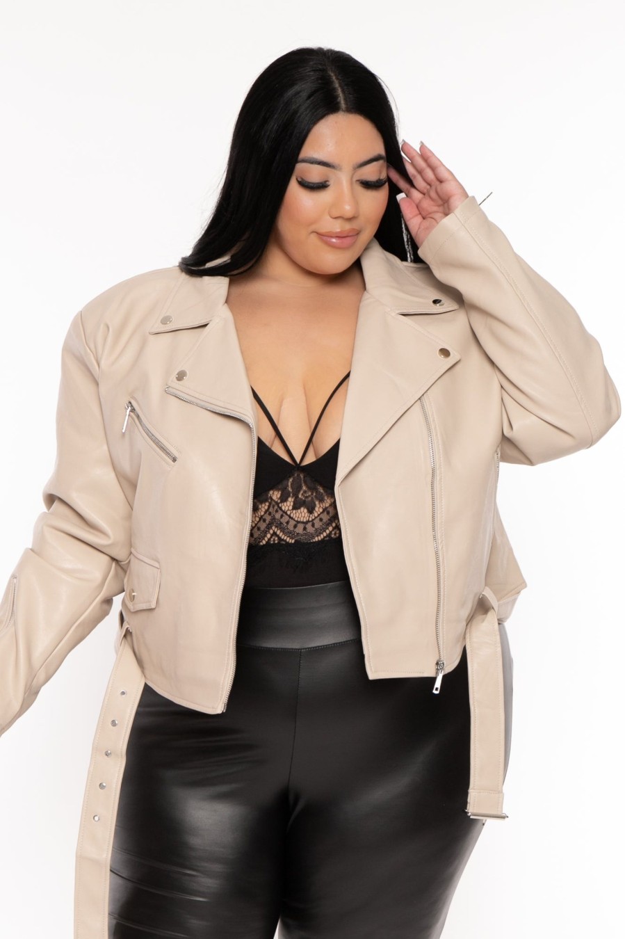 Outerwear Azalea Wang | Plus Size Attalae Faux Leather Moto Jacket Beige