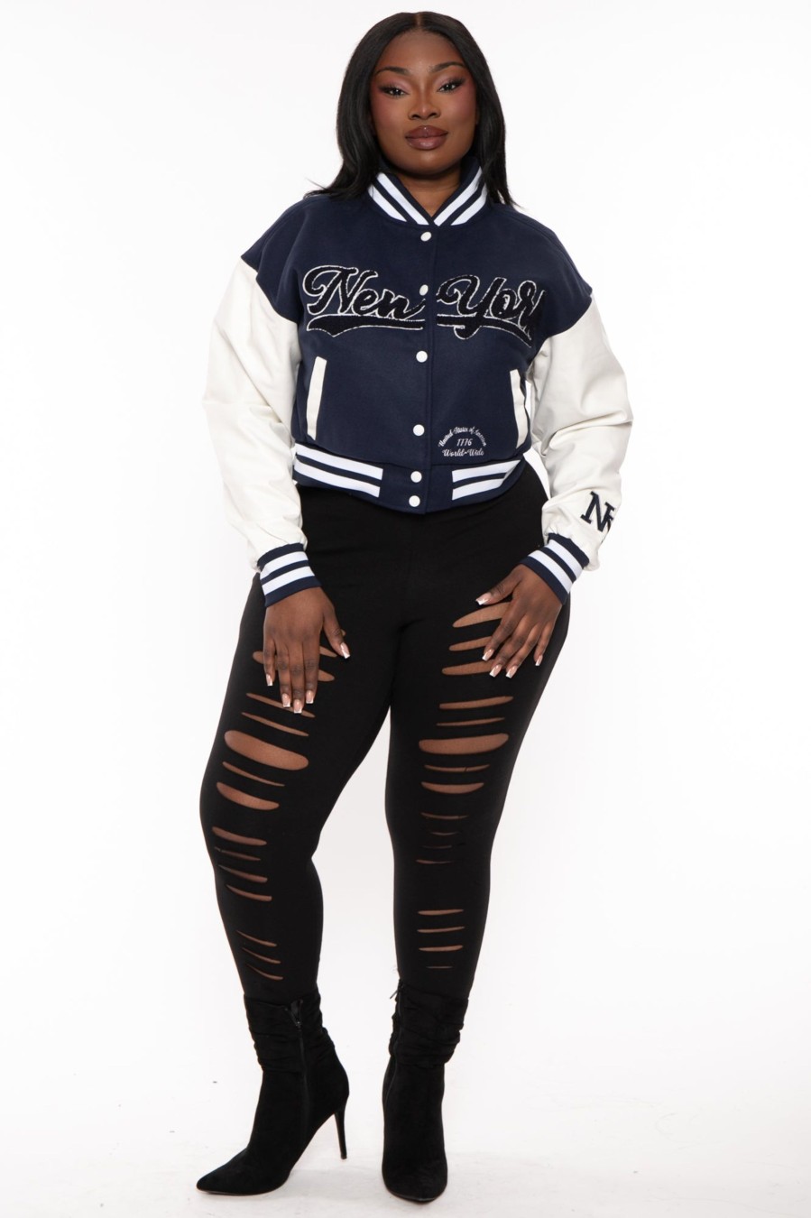 Outerwear American Bazi | Plus Size New York Varsity Crop Jacket Navy/White