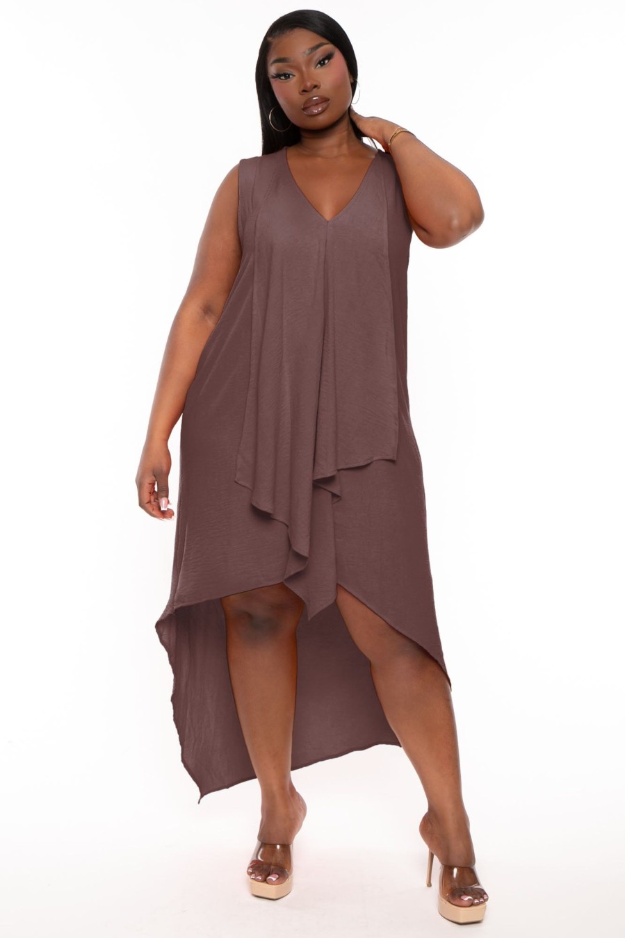 Dresses Jade by Jane | Plus Size Lattise Front Draped Dress Brown