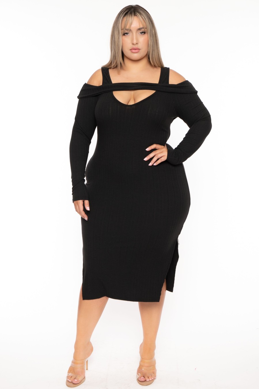 Little Black Styles Curvy Sense | Plus Size Irie Cold Shoulder Midi Dress Black