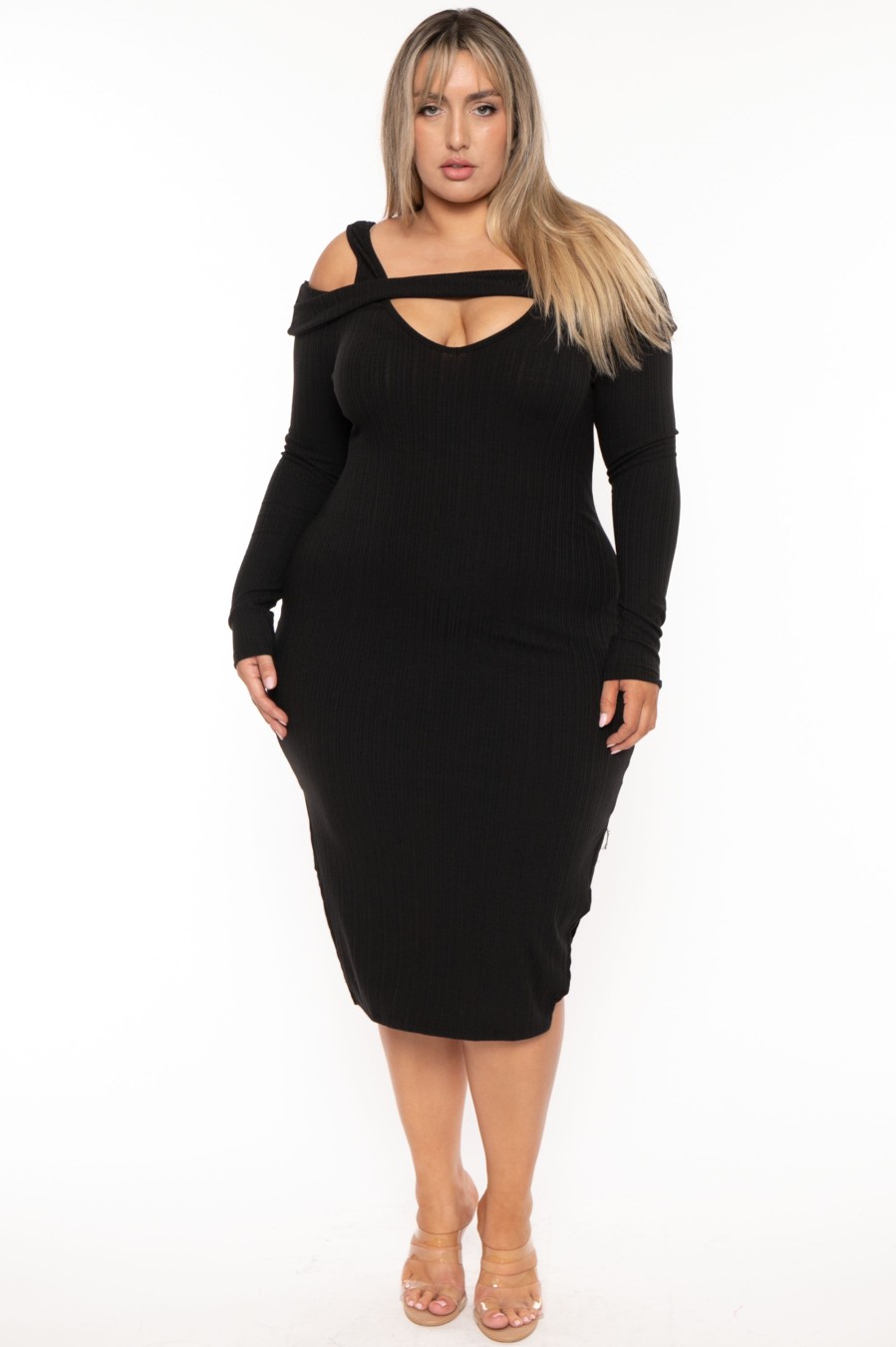 Little Black Styles Curvy Sense | Plus Size Irie Cold Shoulder Midi Dress Black