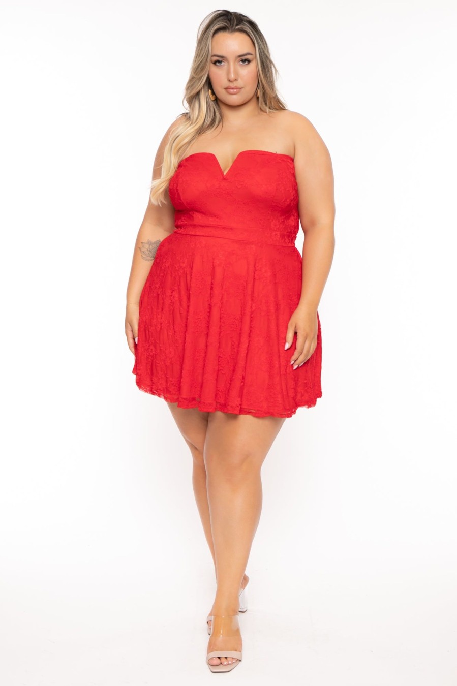 Dresses Curvy Sense | Plus Size Evanna Flare Lace Dress Red