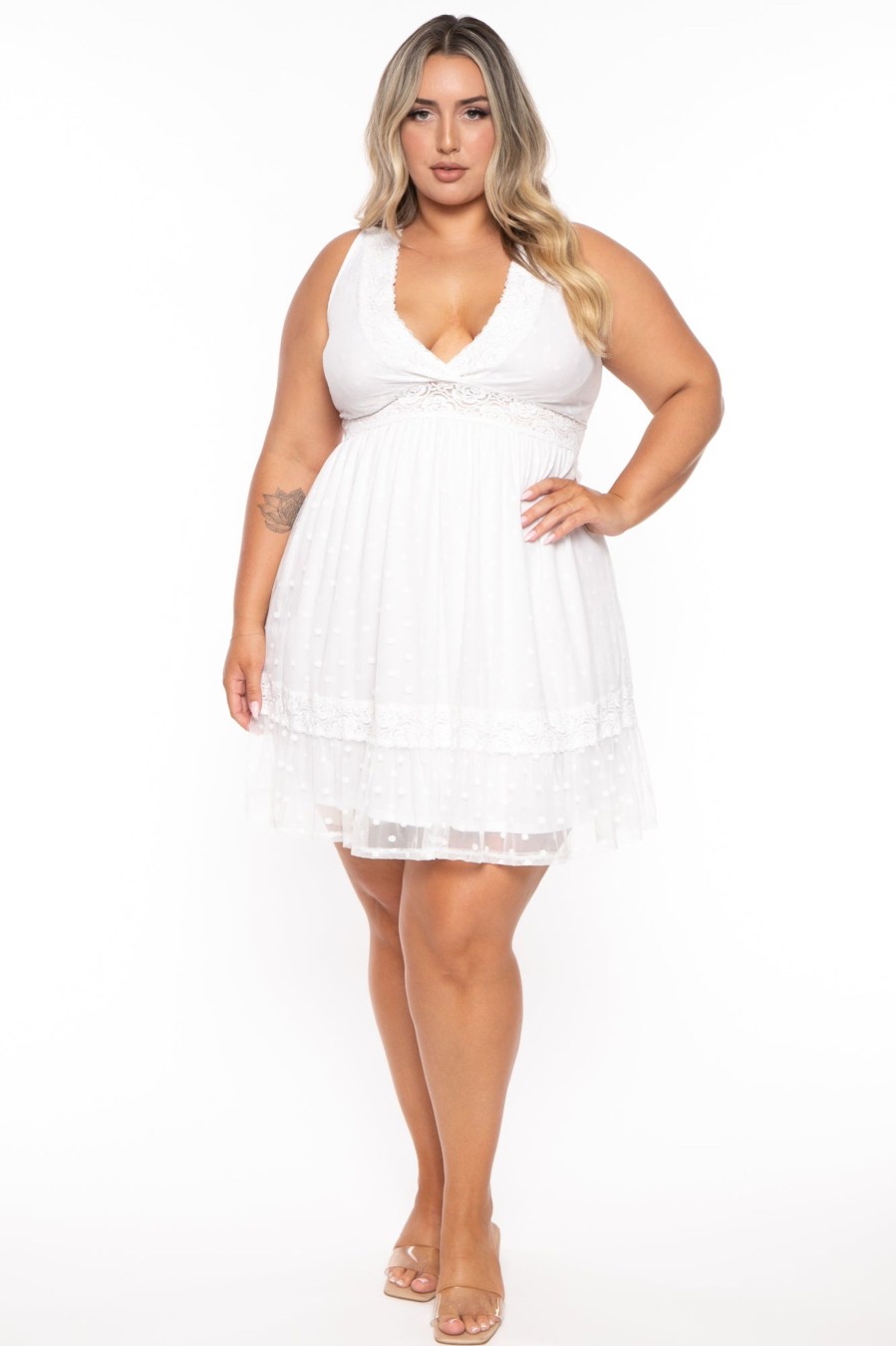 Dresses Curvy Sense | Plus Size Serien Dotted Mesh Dress White