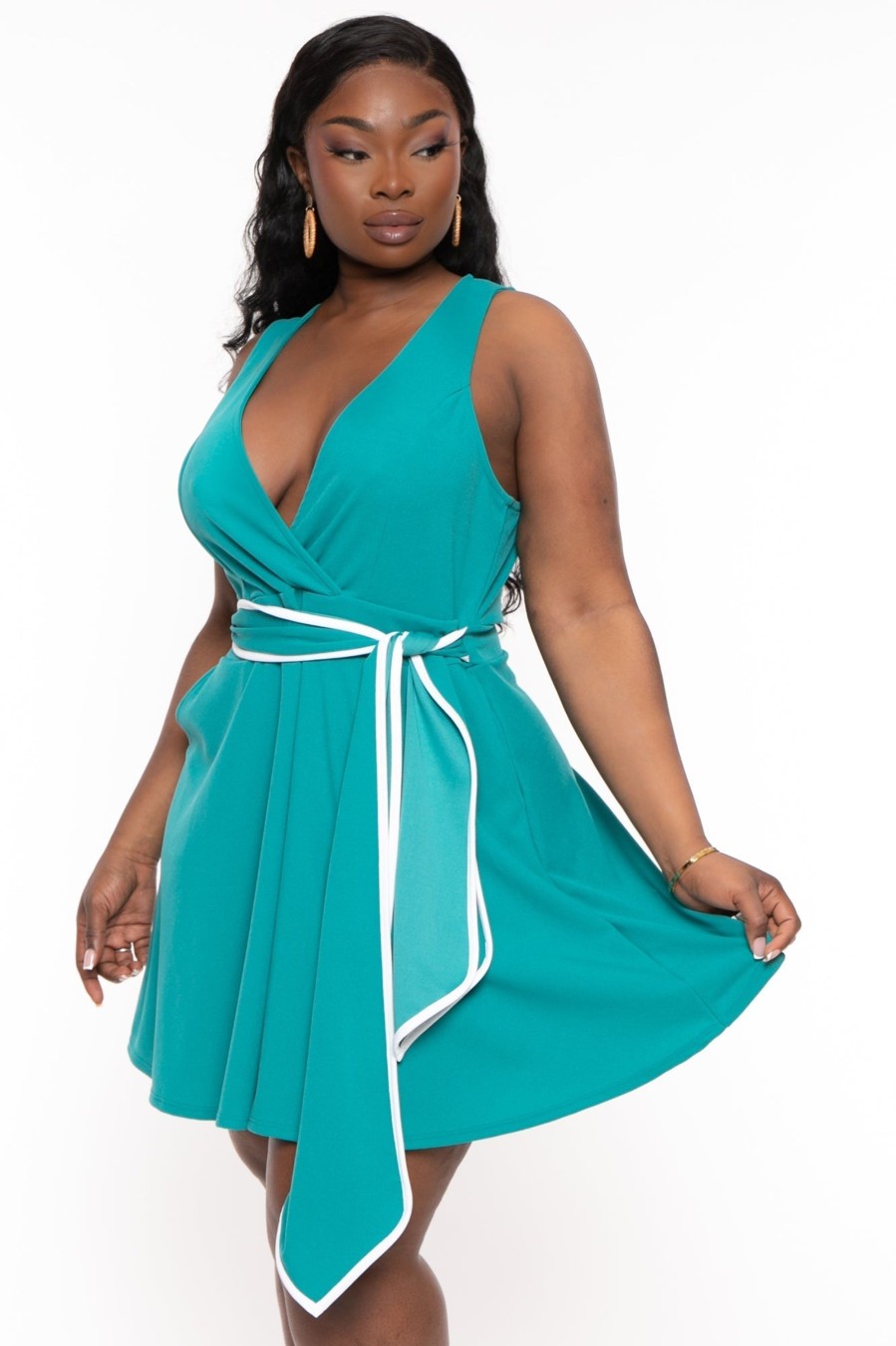 Dresses Curvy Sense | Plus Size Marisa Front Tie Flare Dress Teal