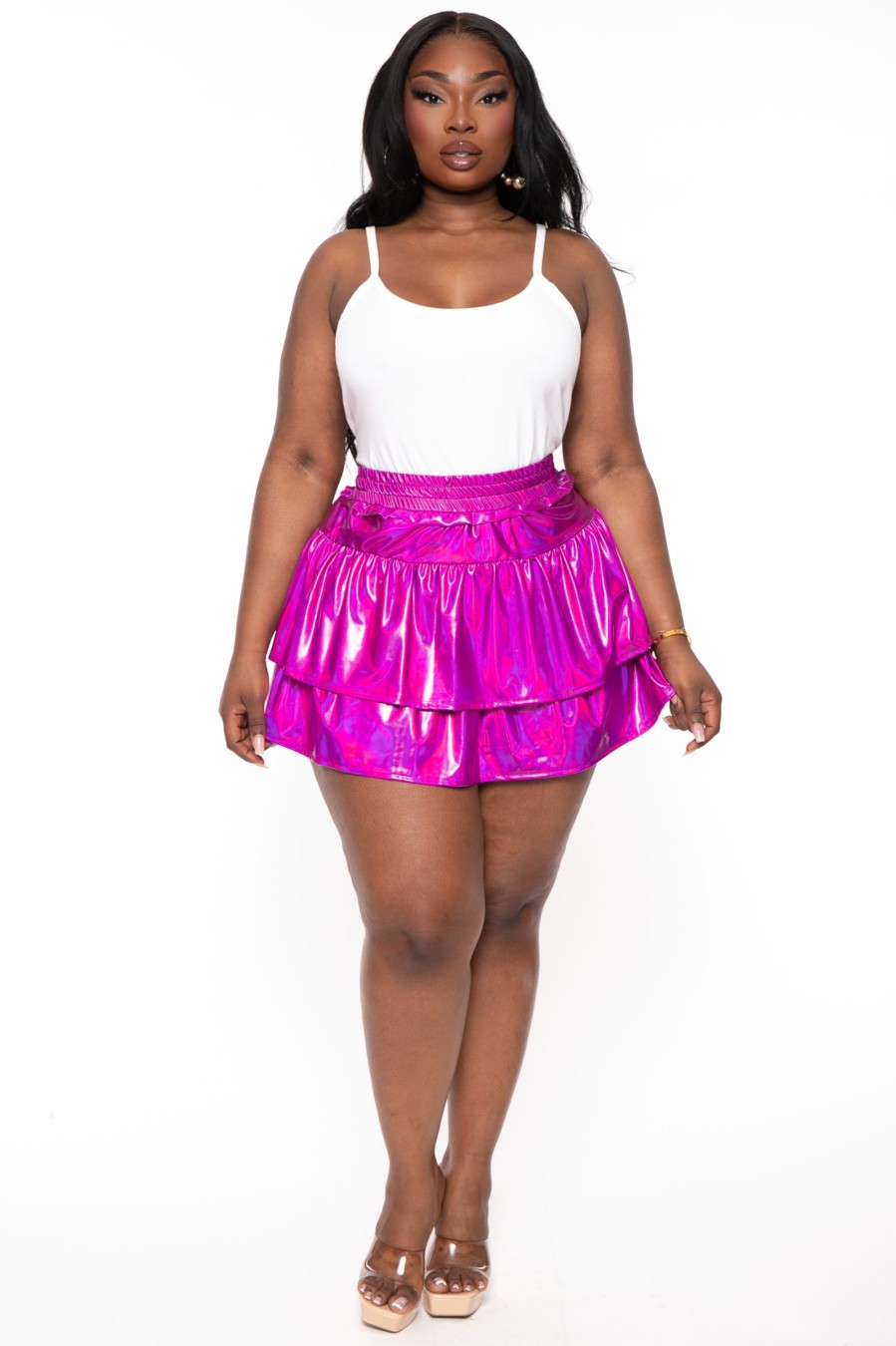 Bottoms Jade By Jane | Plus Size Metallic Tiered Mini Skirt Magenta