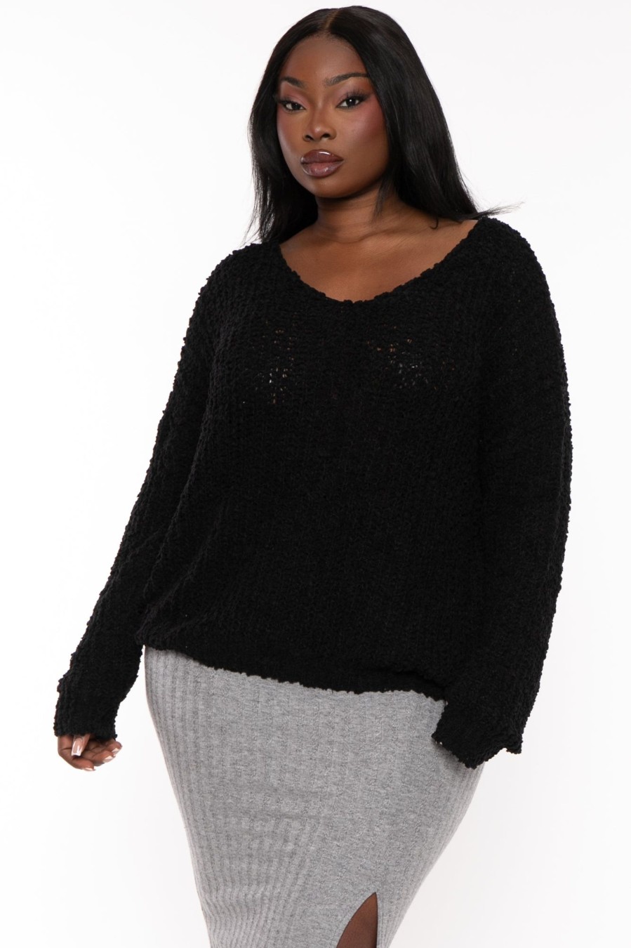 Tops Sweet Generis | Plus Size Ribbed Popcorn Knit Sweater Black