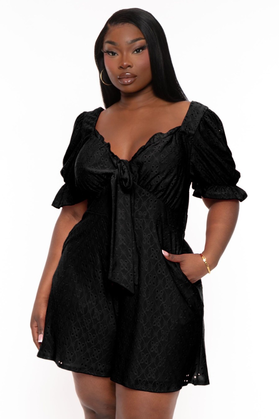 Jumpsuits & Rompers Curvy Sense | Plus Size Jenni Eyelet Romper Black