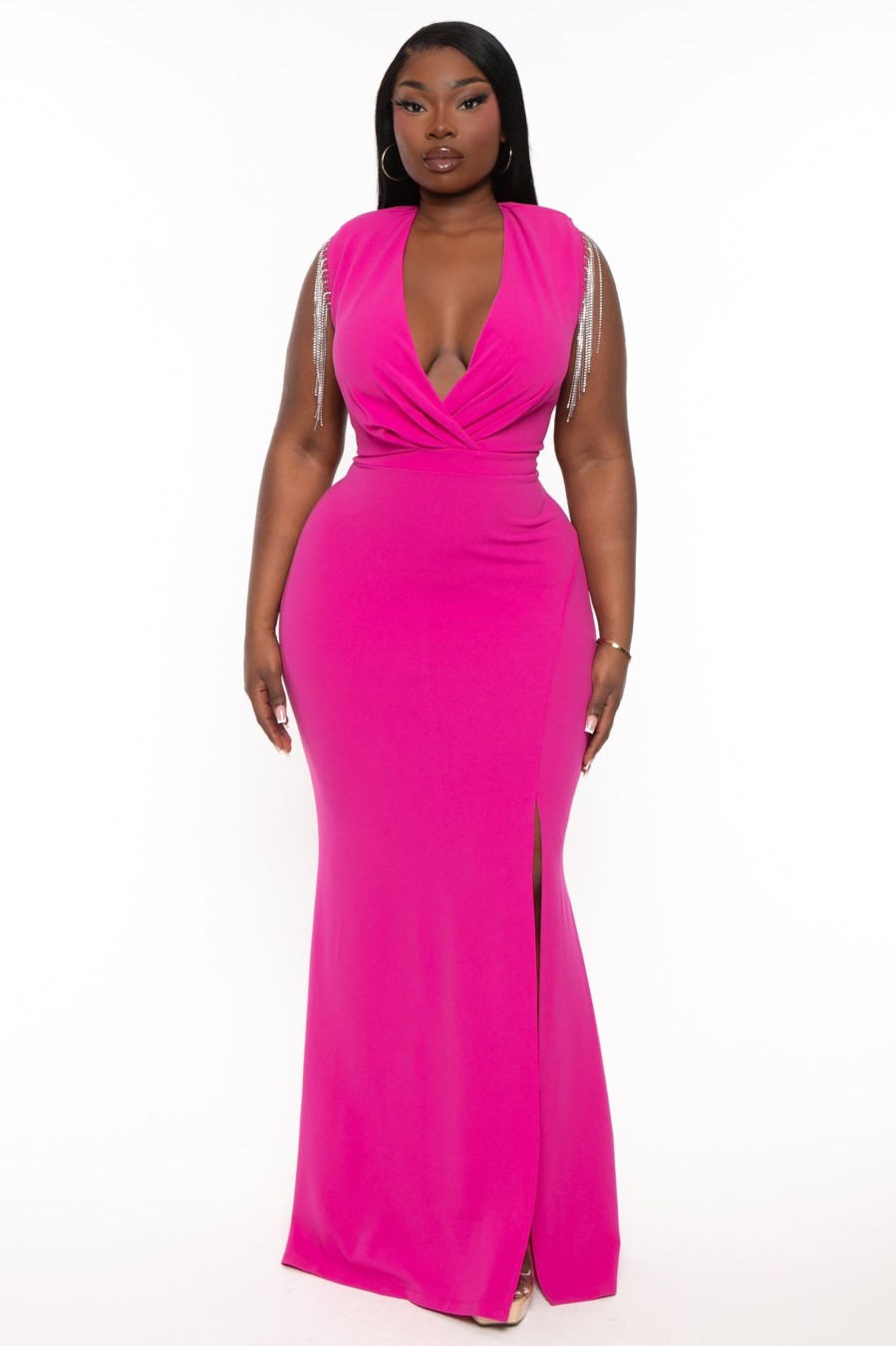 Dresses SYMPHONY | Plus Size Lilah Rhinestone Fringe Gown Magenta