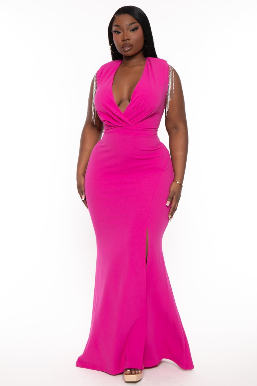 Dresses SYMPHONY | Plus Size Lilah Rhinestone Fringe Gown Magenta