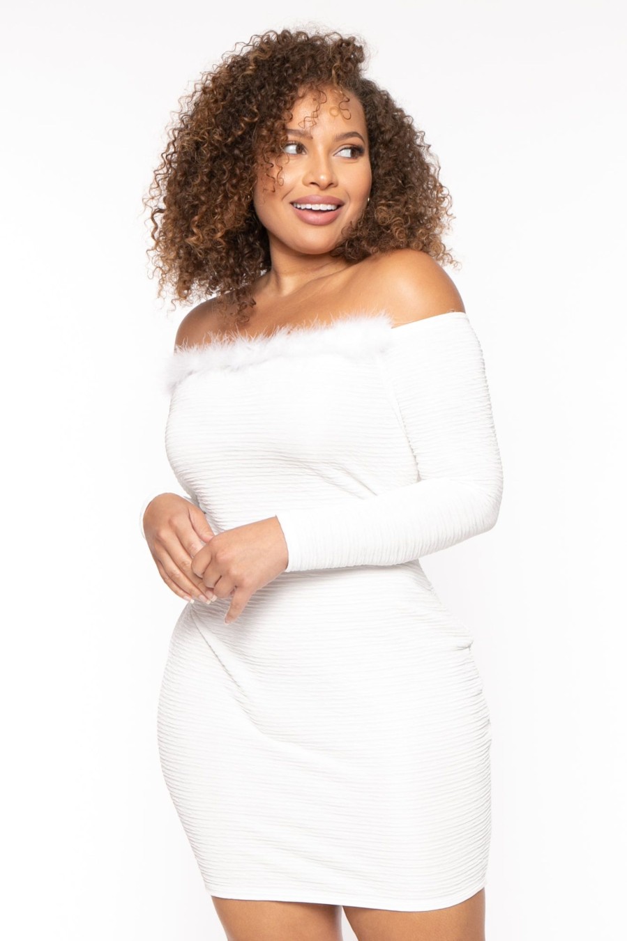 Dresses Curvy Sense | Plus Size Vivian Boa Mini Dress White