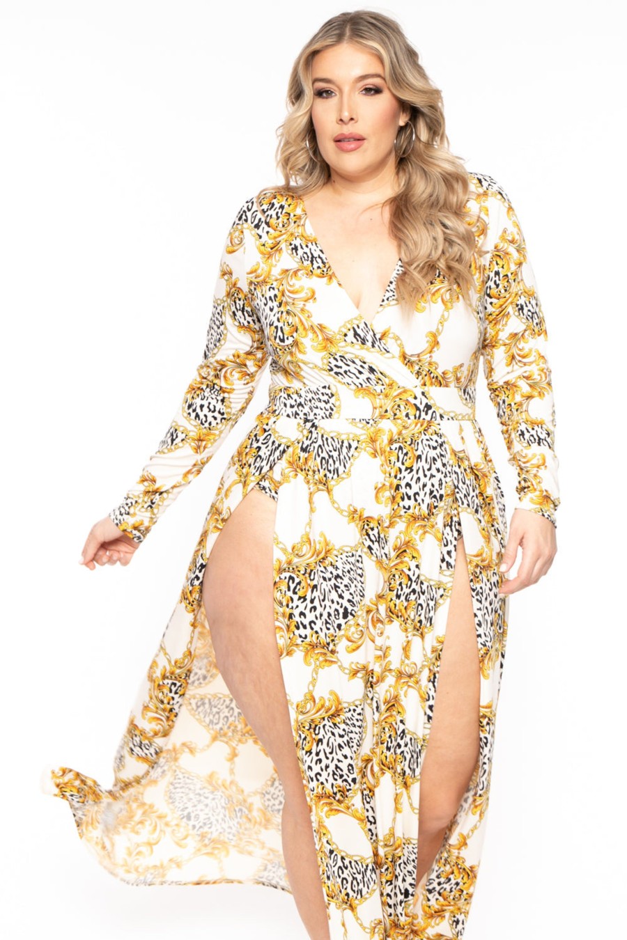 Dresses Curvy Sense | Plus Size Naomi Baroque Print M-Slit Dress Ivory