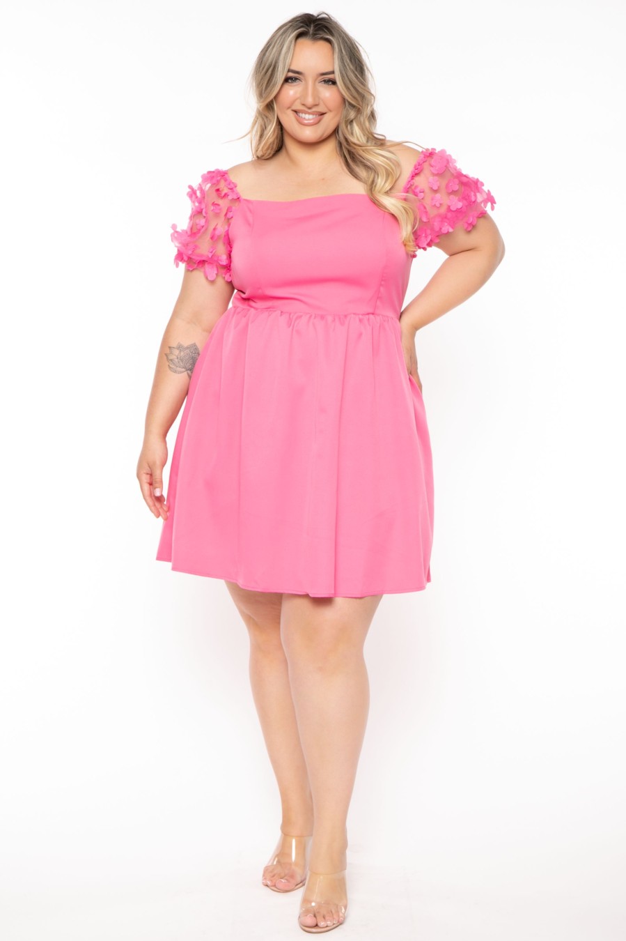 Dresses 143 | Plus Size Elvina Flora Puff Sleeve Dress Hot Pink