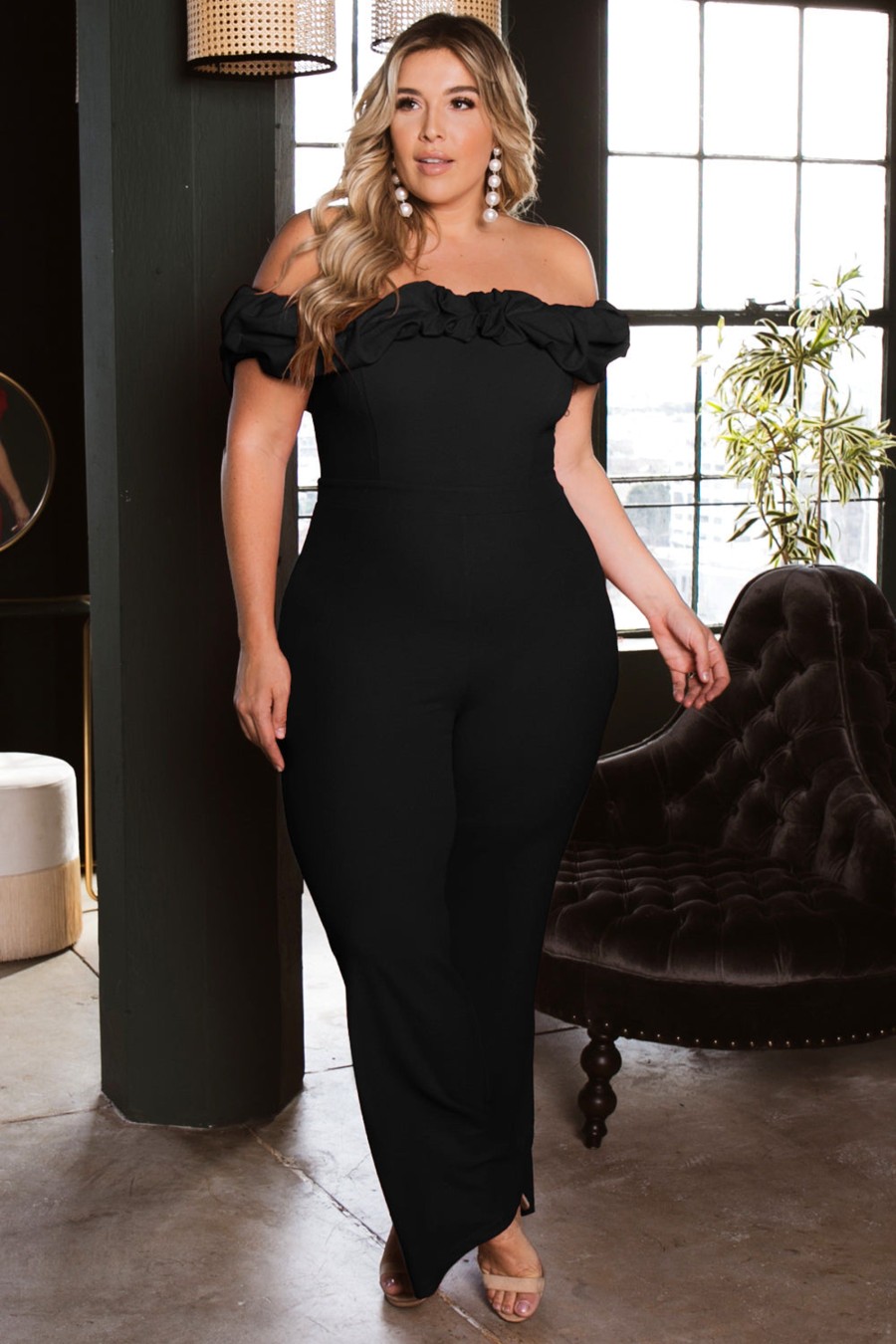 Jumpsuits & Rompers SYMPHONY | Plus Size Mercedes Off The Shoulder Ruffle Jumpsuit Black