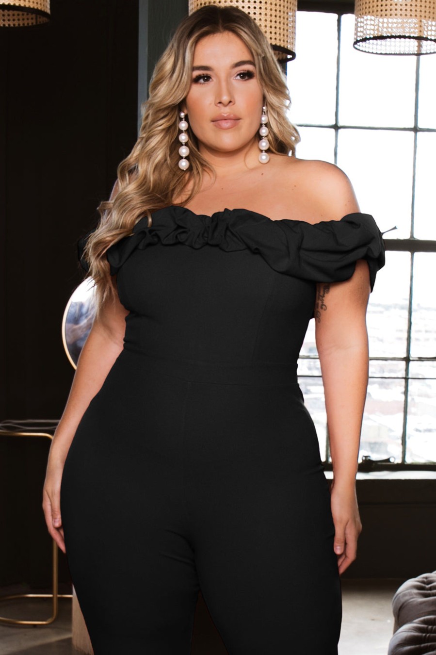 Jumpsuits & Rompers SYMPHONY | Plus Size Mercedes Off The Shoulder Ruffle Jumpsuit Black