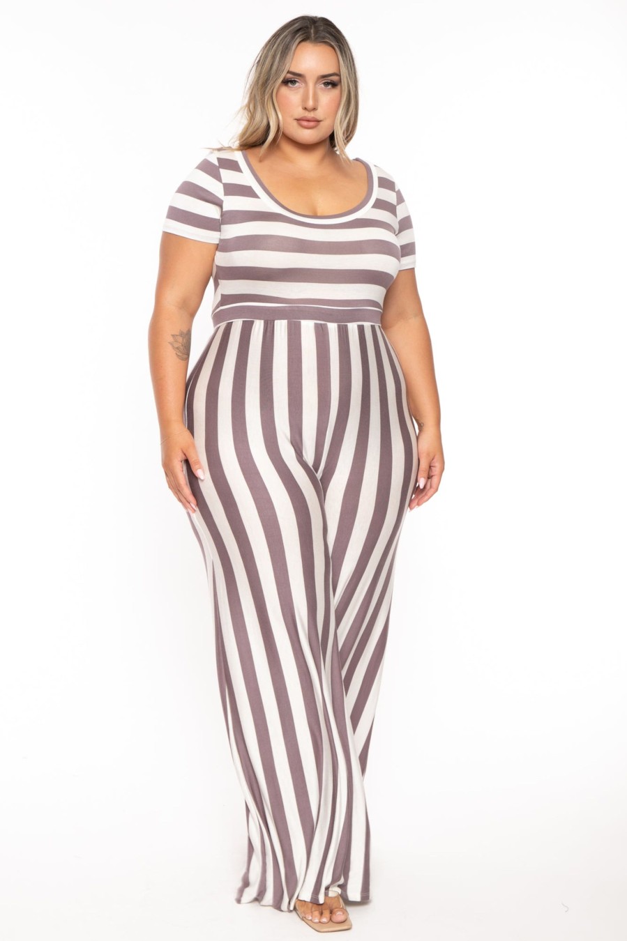 Jumpsuits & Rompers Veveret | Plus Size Striped Flared Leg Jumpsuit Grey