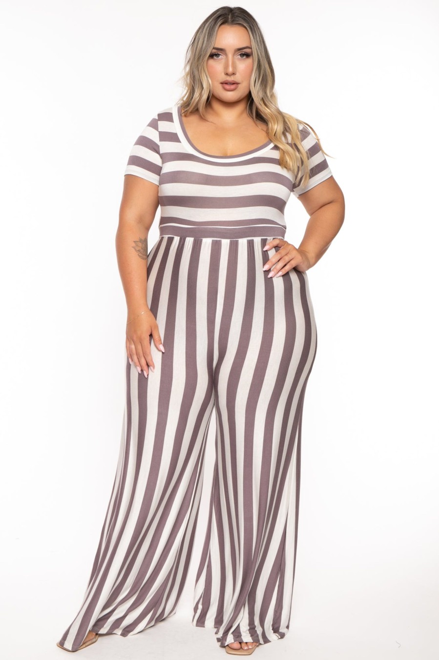 Jumpsuits & Rompers Veveret | Plus Size Striped Flared Leg Jumpsuit Grey