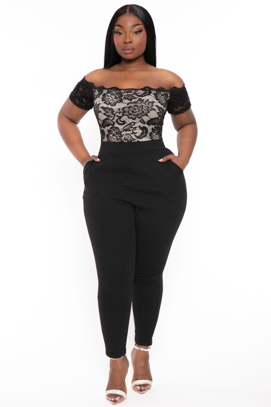 Jumpsuits & Rompers Curvy Sense | Plus Size Minnie Lace Top Short Sleeve Jumpsuit Black