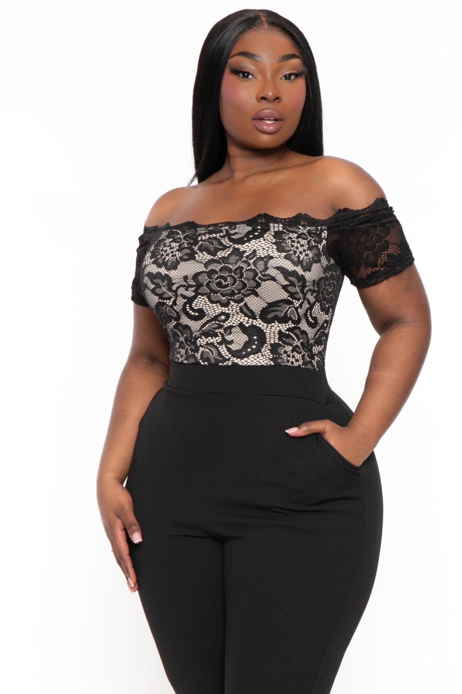 Jumpsuits & Rompers Curvy Sense | Plus Size Minnie Lace Top Short Sleeve Jumpsuit Black