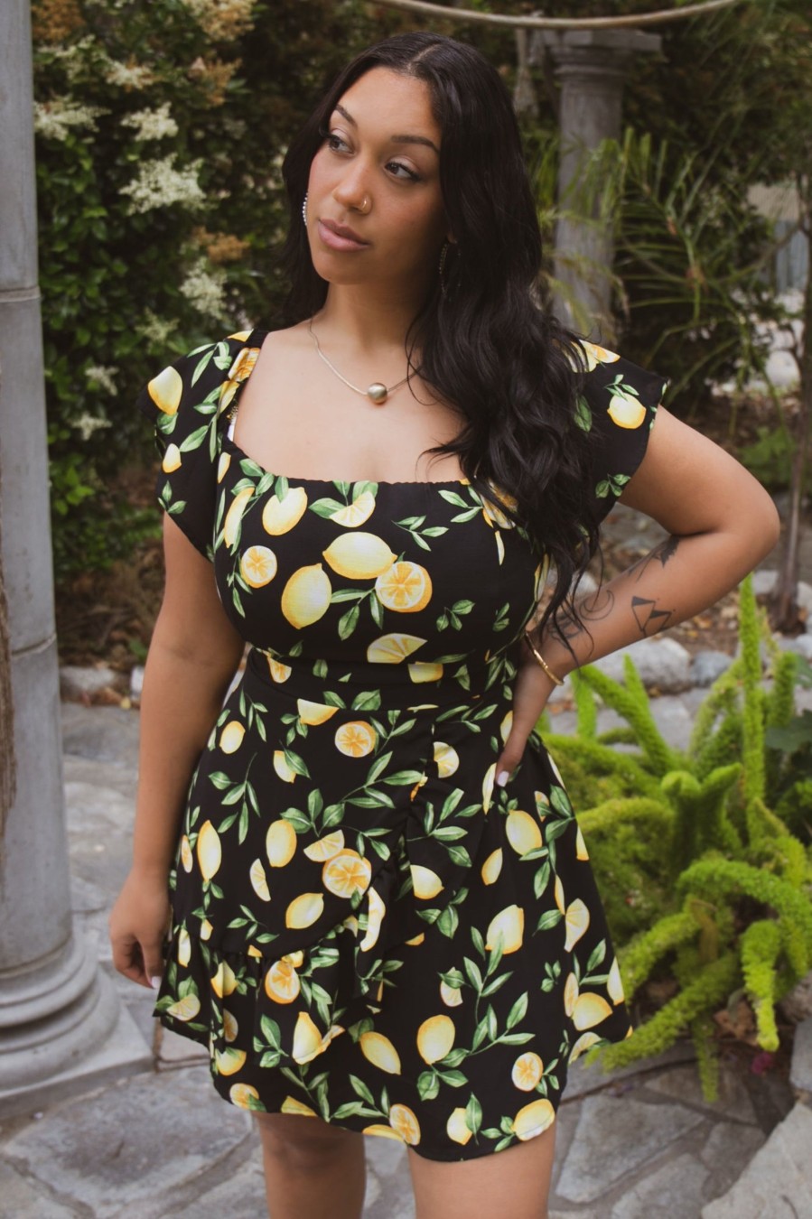 Little Black Styles Curvy Sense | Plus Size Brina Off The Shoulder Print Dress Black