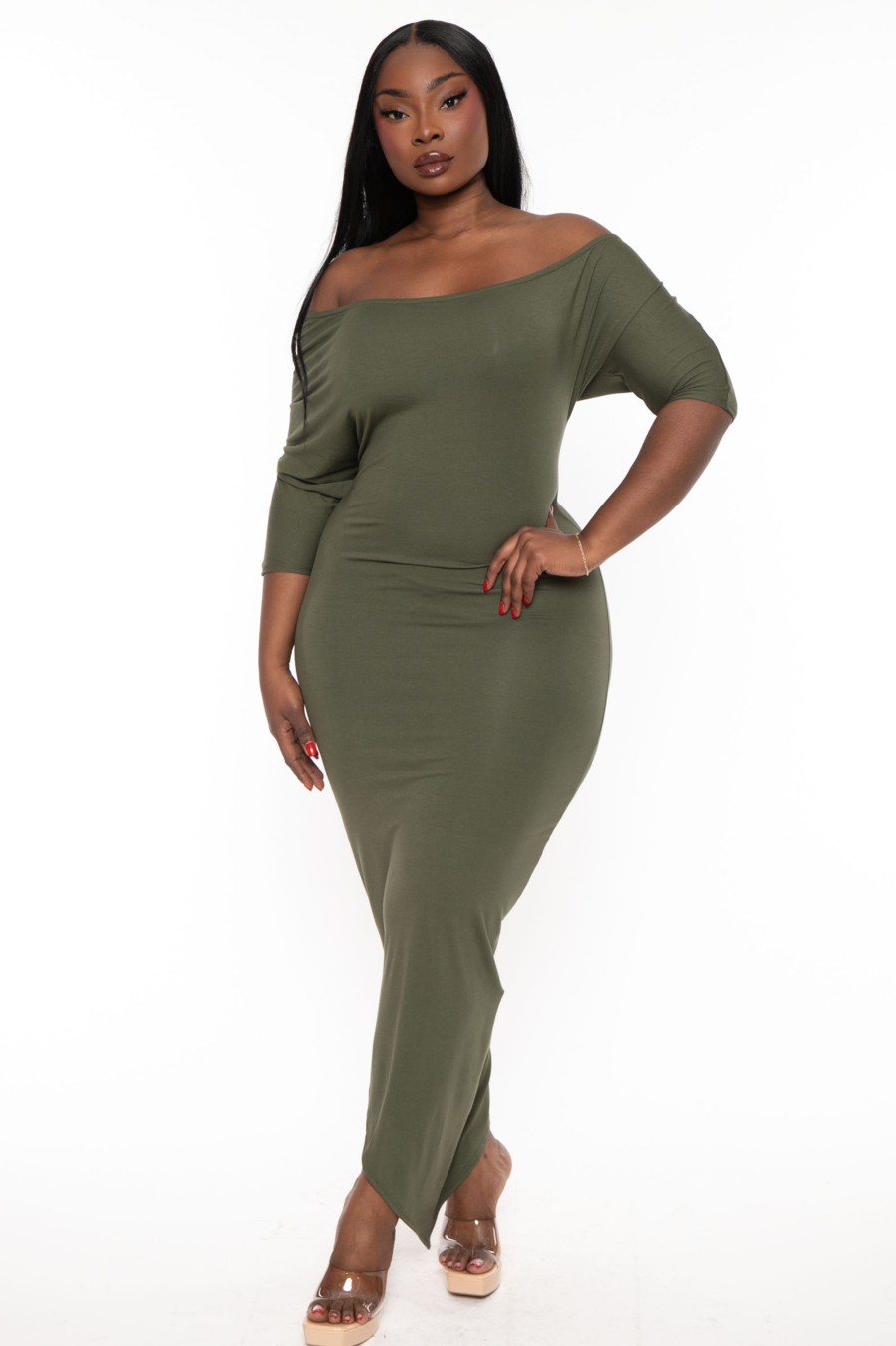 Dresses Curvy Sense | Plus Size Asymmetric Knit Dress Olive