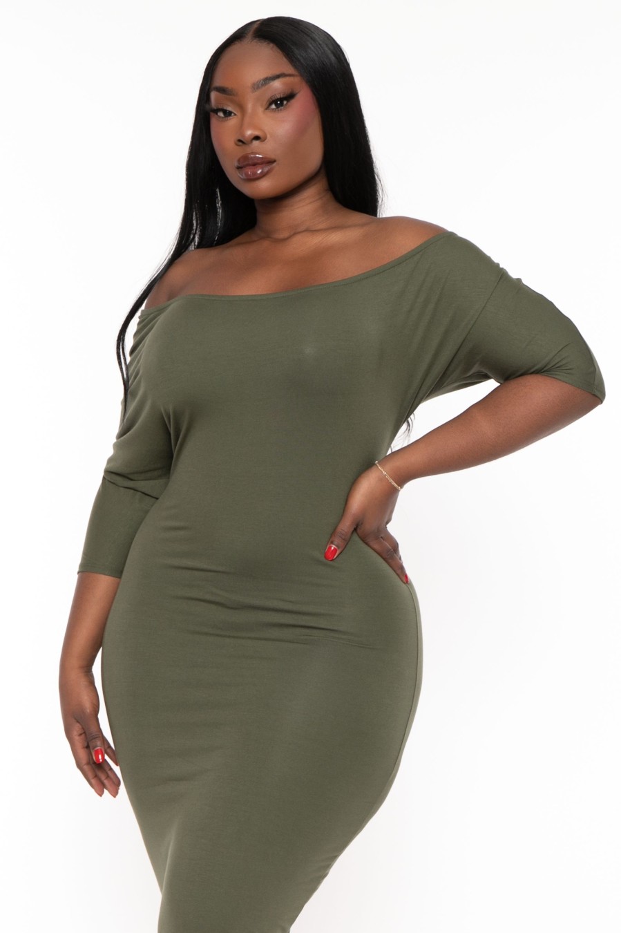 Dresses Curvy Sense | Plus Size Asymmetric Knit Dress Olive