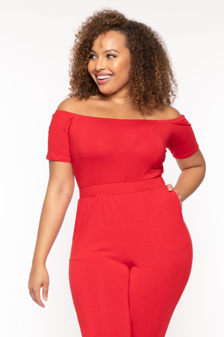 Jumpsuits & Rompers Curvy Sense | Plus Size Luisa Off The Shoulder Jumpsuit Red