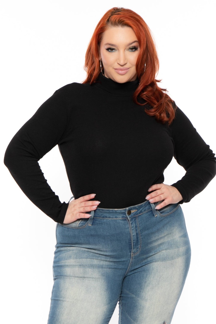 Tops Ambiance | Plus Size Ribbed Turtleneck Top Black