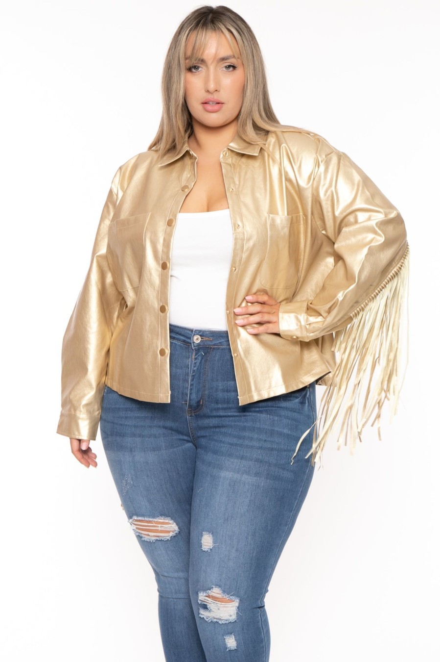 Jeans & Denim GEE GEE | Plus Size Tiffany Fringe Metallic Jacket Gold