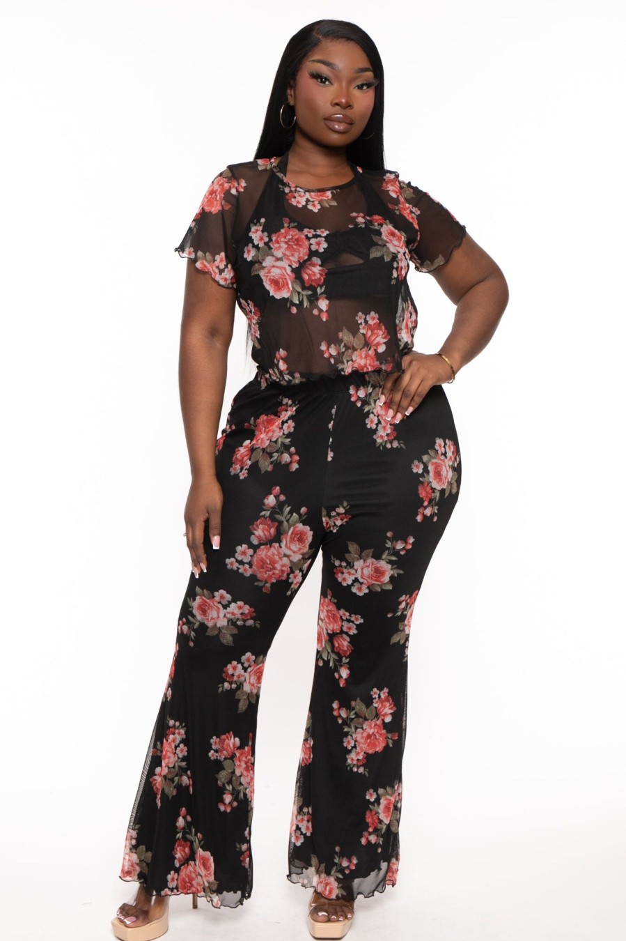 Little Black Styles Curvy Sense | Plus Size Kelly Mesh Top And Pant Set Black