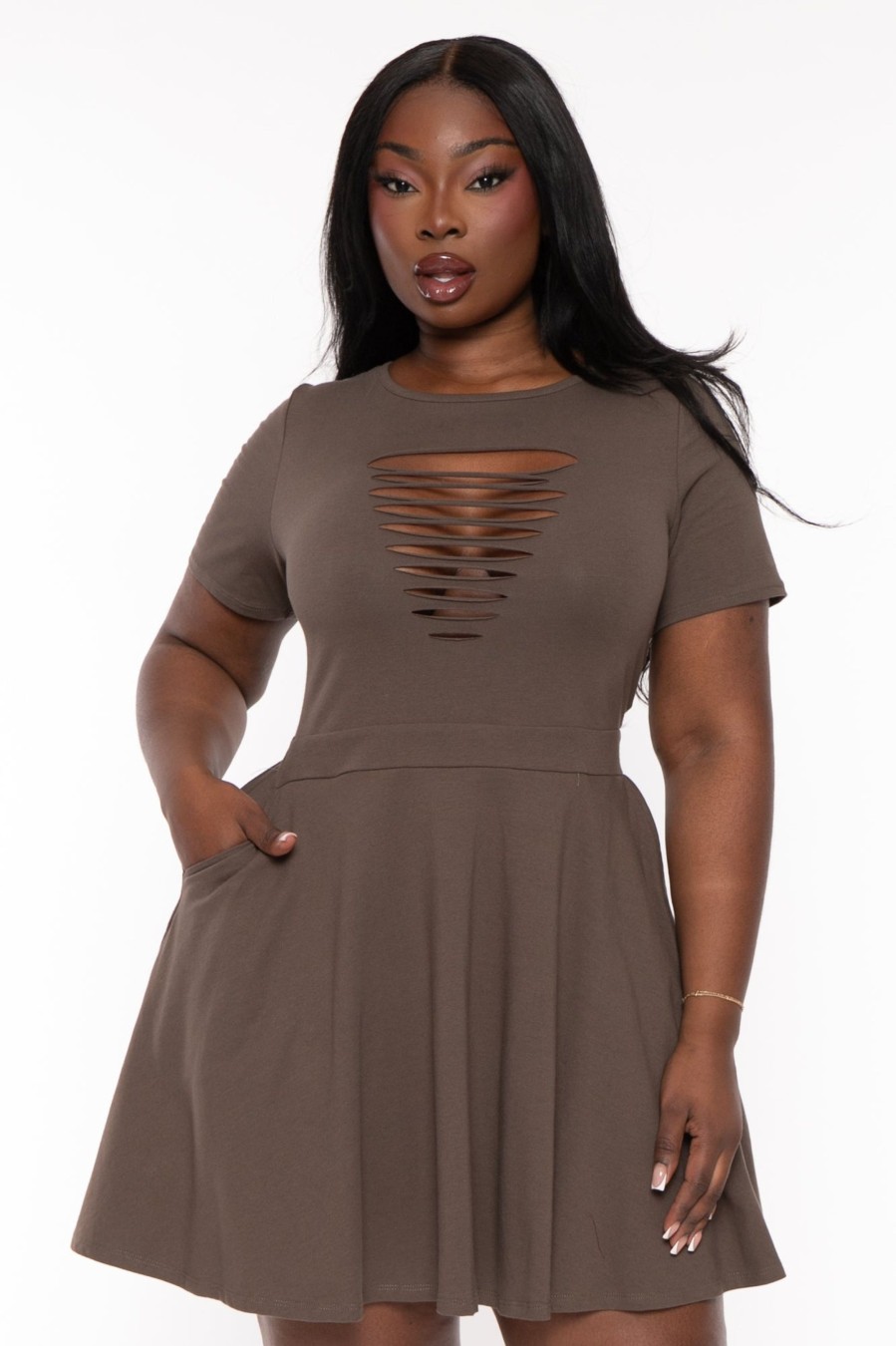 Dresses Curvy Sense | Plus Size Amaira Destructed Flare Dress Coffee