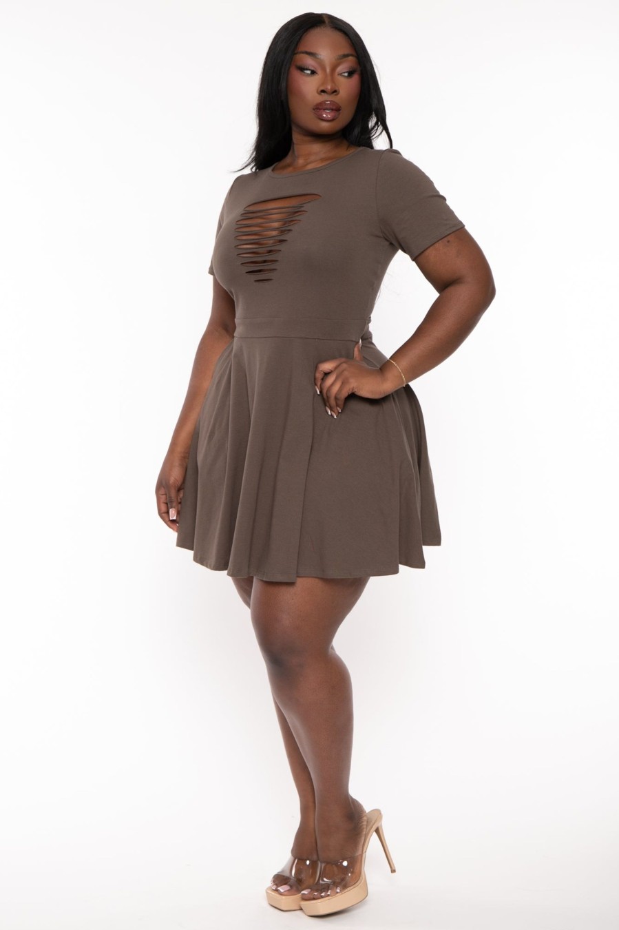 Dresses Curvy Sense | Plus Size Amaira Destructed Flare Dress Coffee