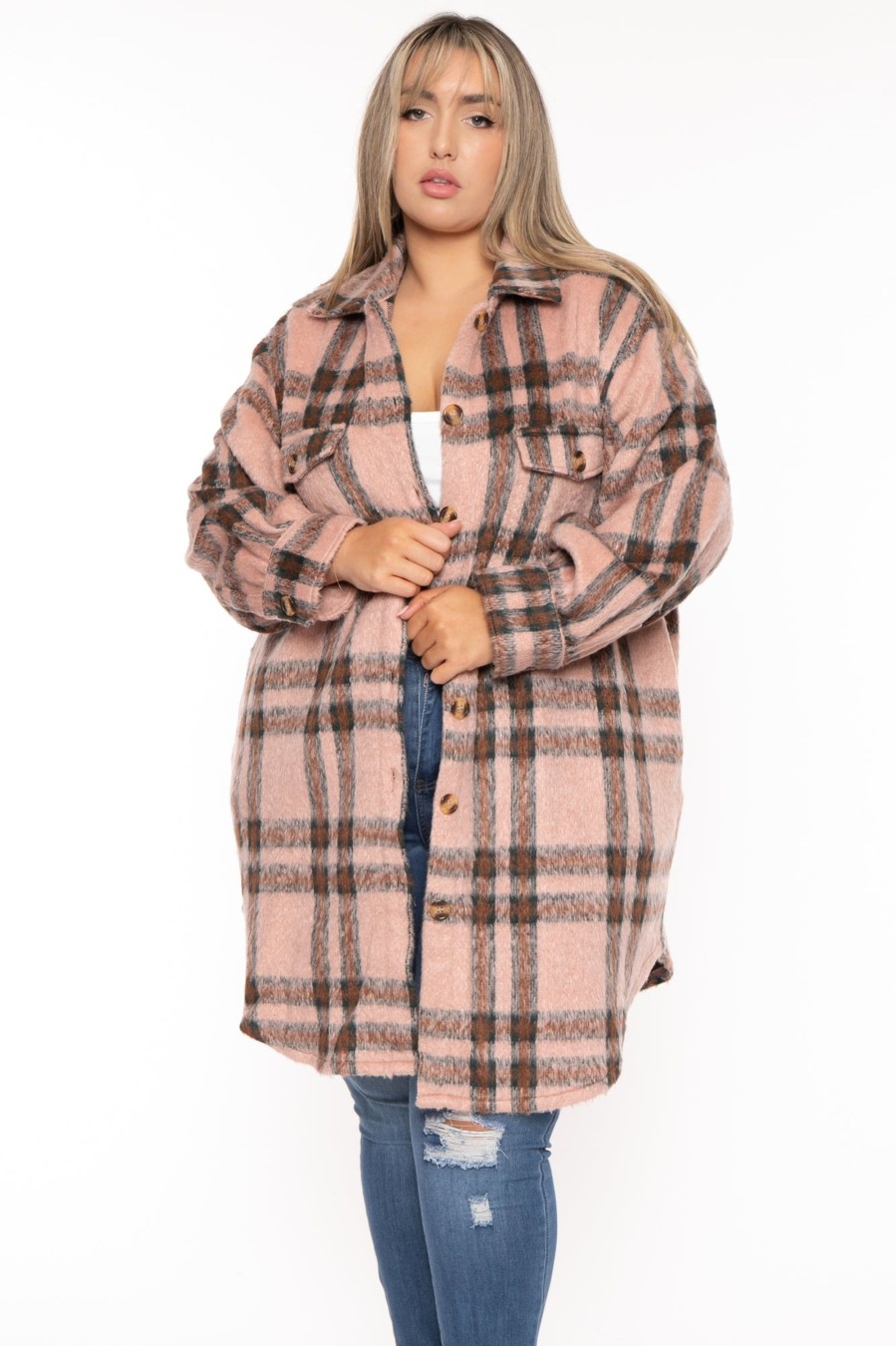 Outerwear GEE GEE | Plus Size Plaid Long Woven Jacket Mauve