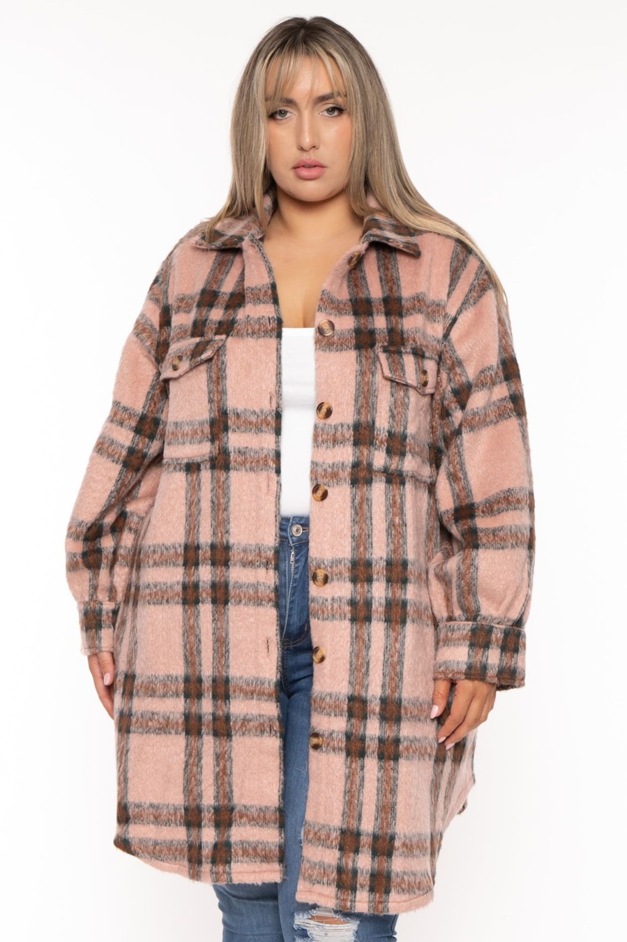 Outerwear GEE GEE | Plus Size Plaid Long Woven Jacket Mauve