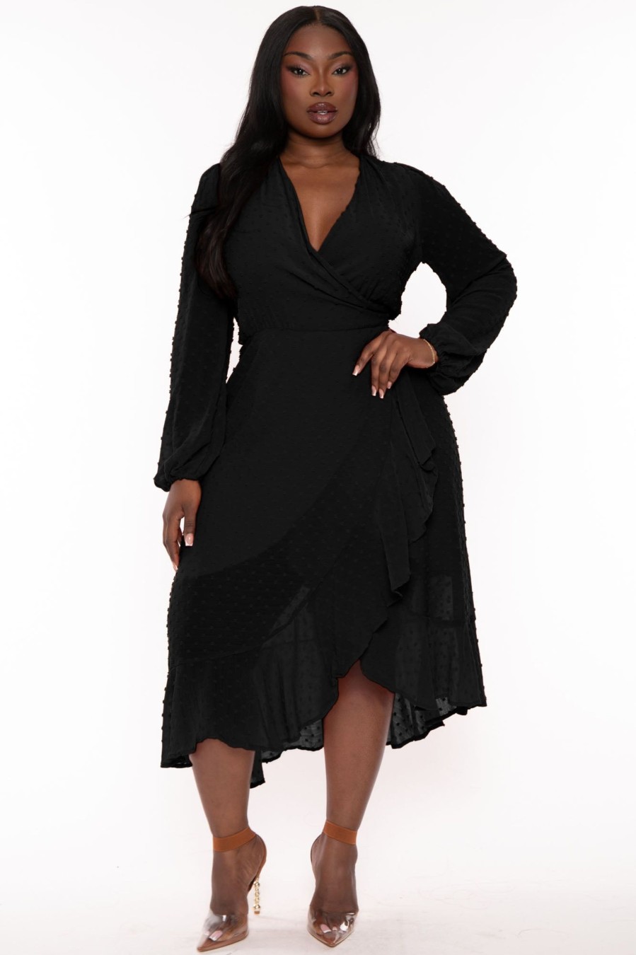 Dresses CULTURE CODE | Plus Size Swiss Dot Wrap Ruffle Dress Black