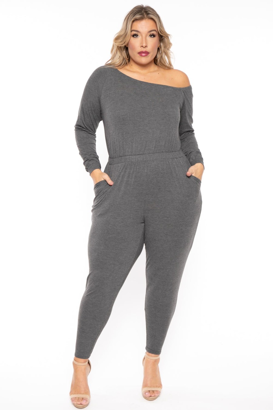 Jumpsuits & Rompers Curvy Sense | Plus Size Off The Shoulder Jumpsuit Charcoal